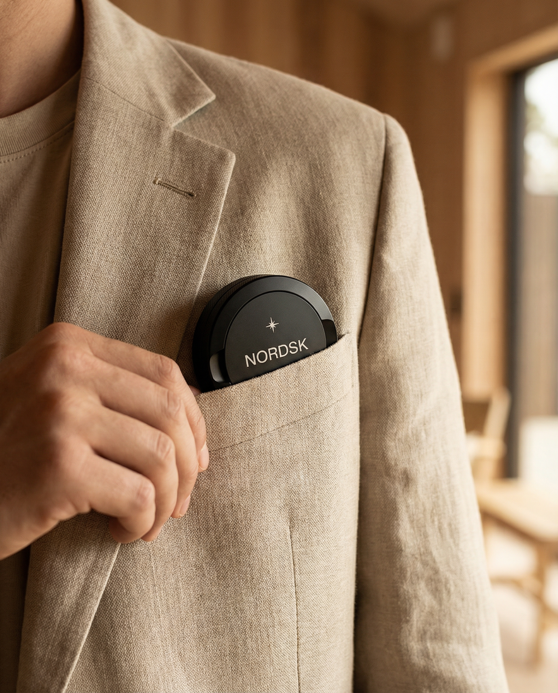 Snus tin and nicotine pouch container in beige jacket pocket by NORDSK