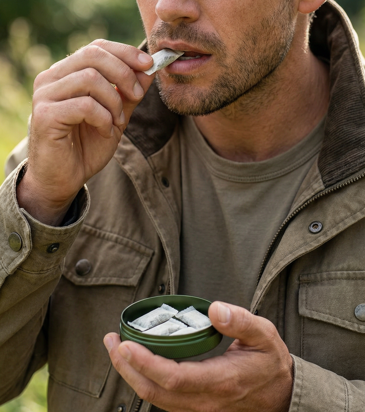 man using snus pouches with metal snus tin by NORDSK, designed in Sweden.