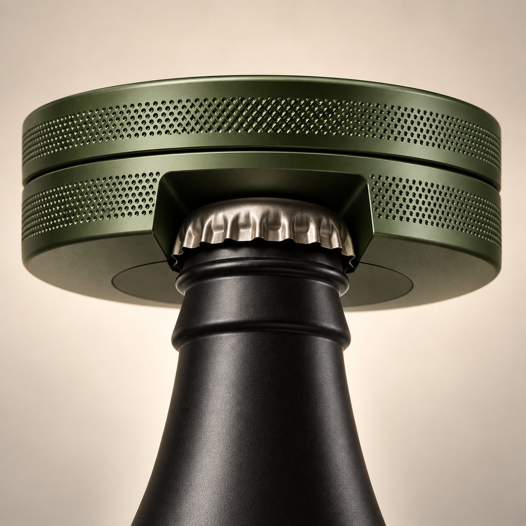 Close-up of a bottle opener snus tin with a matte black bottle and an olive green colour, shown partially inserted into a bottle neck against a warm beige background.