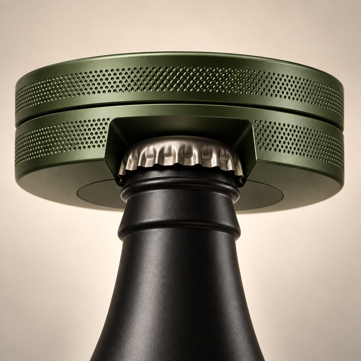 Close-up of a bottle opener snus tin with a matte black bottle and an olive green colour, shown partially inserted into a bottle neck against a warm beige background.