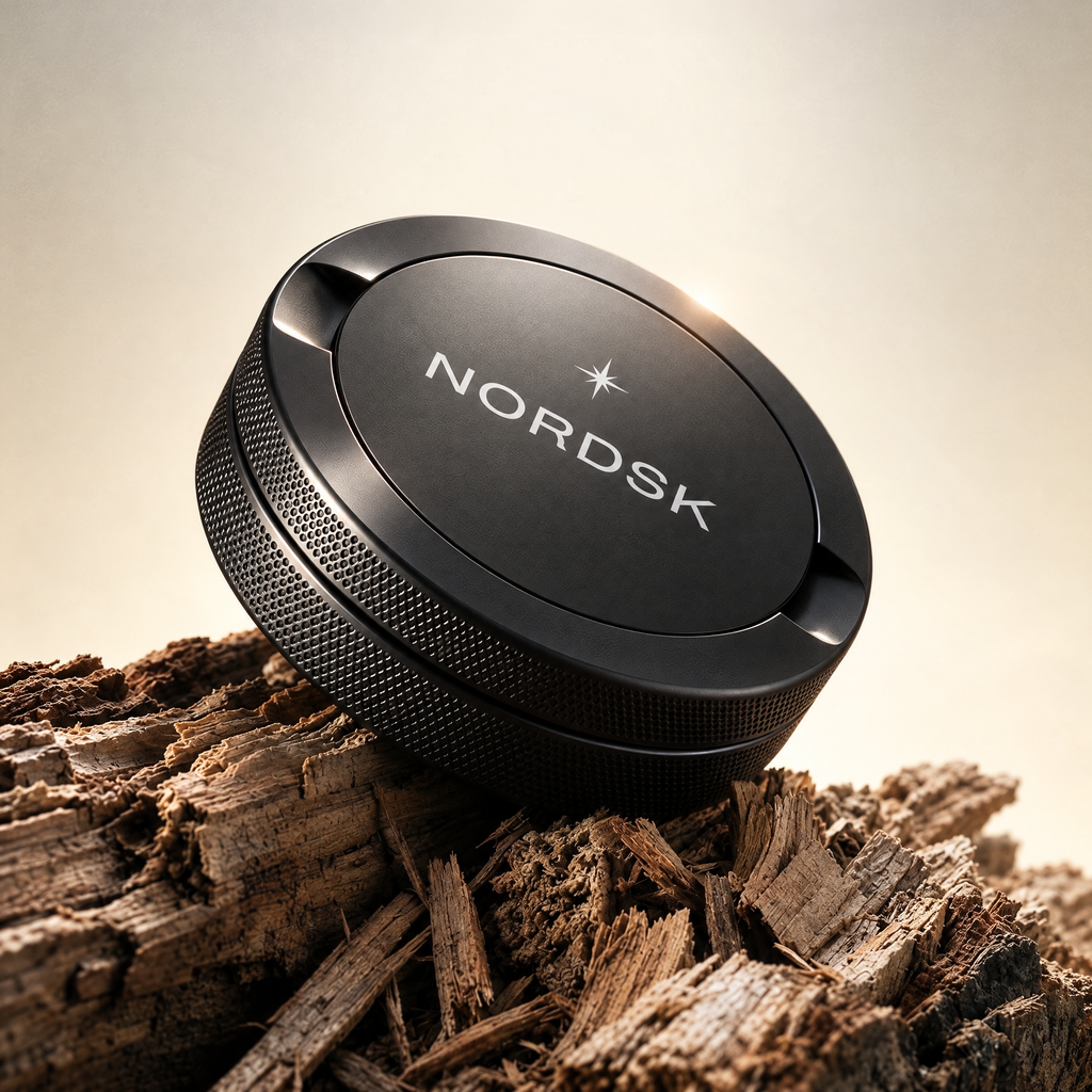 Nordsk snus tin on wooden display stand