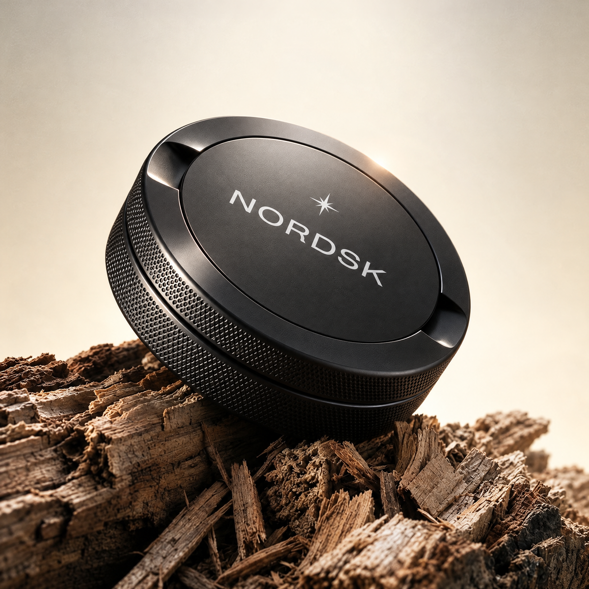 Nordsk snus tin on wooden display stand