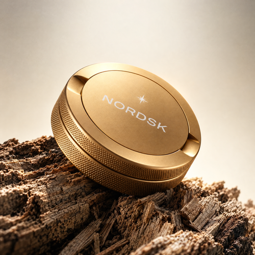 Nordsk Snus Tin on a wooden log product display