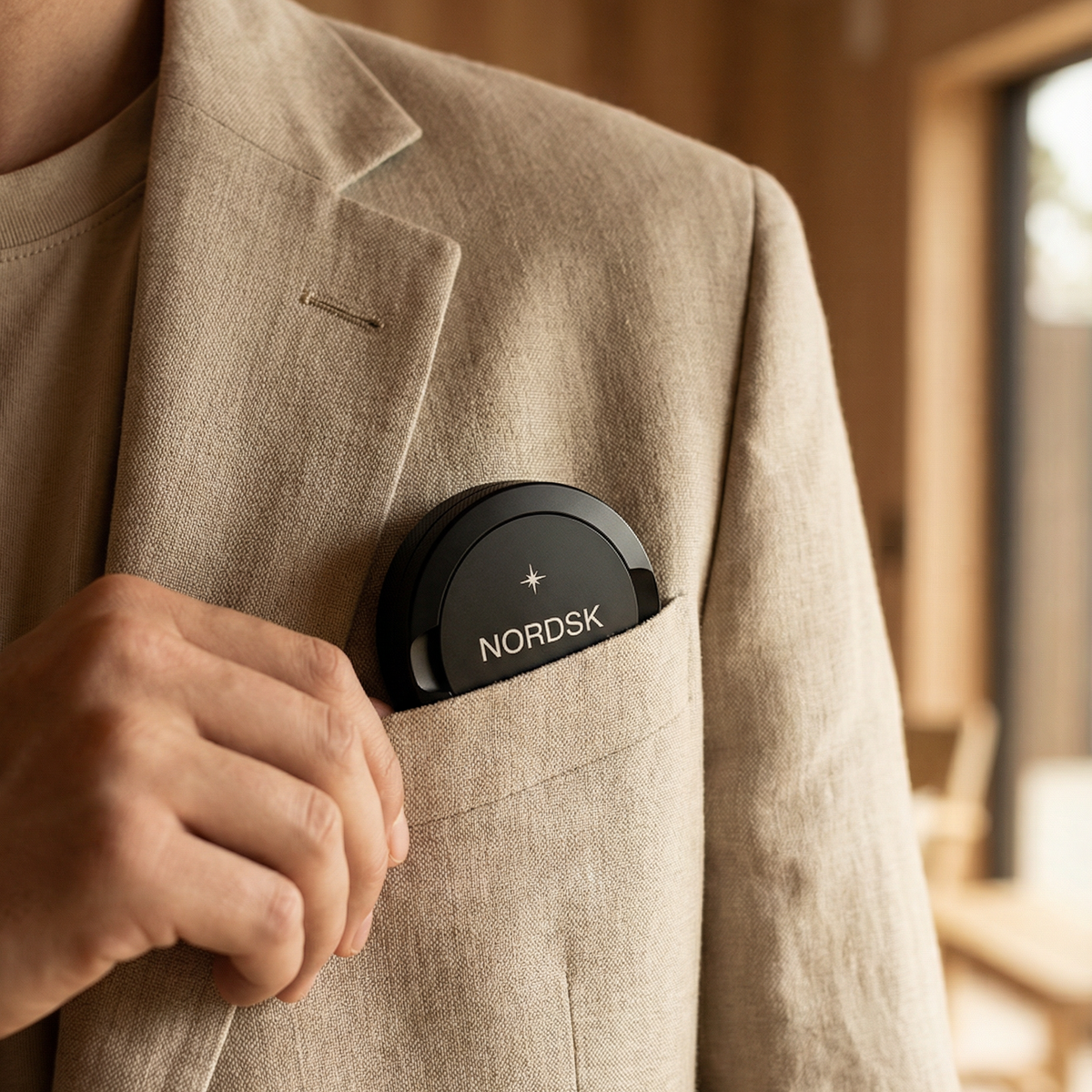 Nordsk snus tin in man pocket with a beige suit
