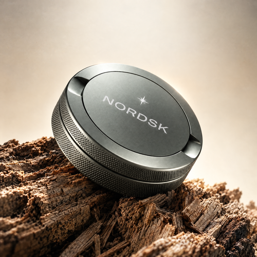 Nordsk snus tin in grey on wooden product display log