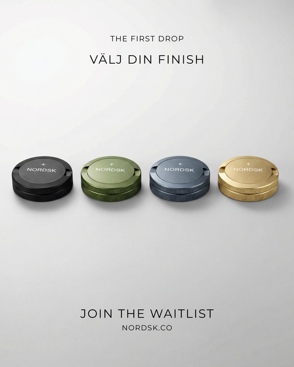 Four NORDSK snusdosa and nicotine containers finishes in black, green, blue, and gold on a white background.